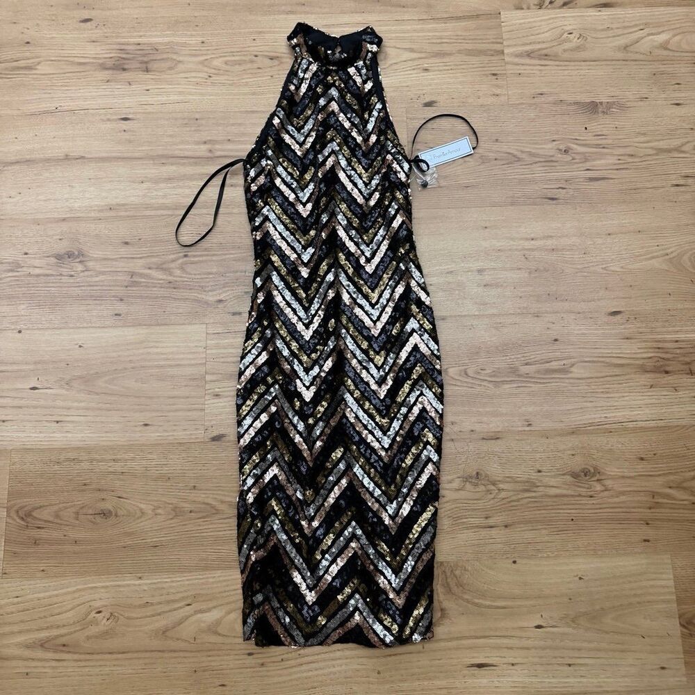 Premier Amour Black Multi Sequin Chevron Halter Dress